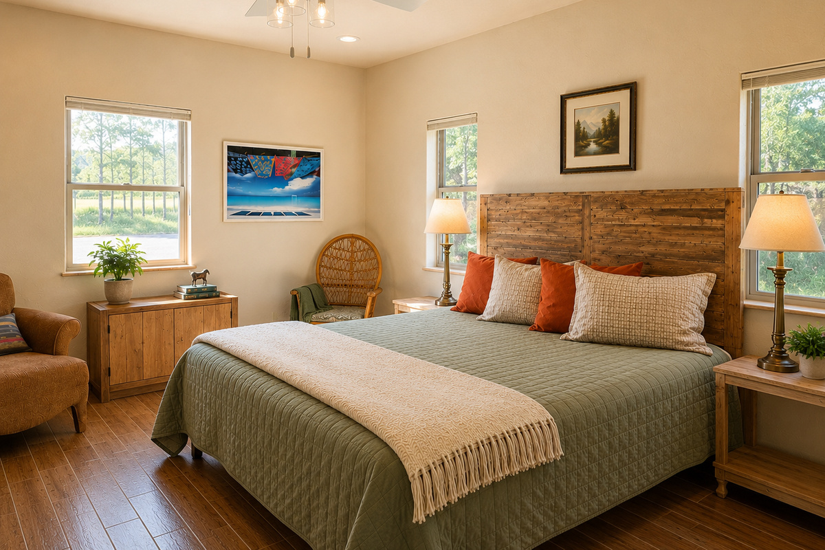 Wake up rested in the bright, comfortable bedroom &mdash; and with the living-room sleeper sofa, the home sleeps four with ease.