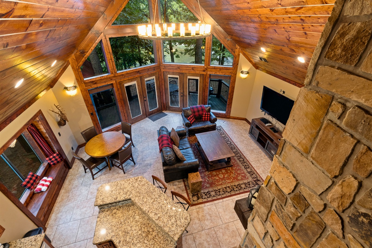 Bird’s-eye view of your cozy living space with rustic charm.