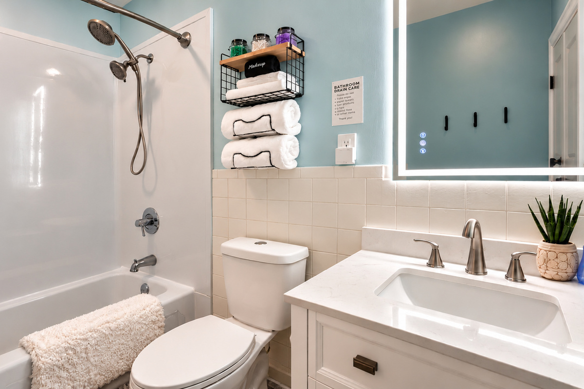 Fresh towels, thoughtful toiletries, and a shower/tub combination for a comfortable stay.