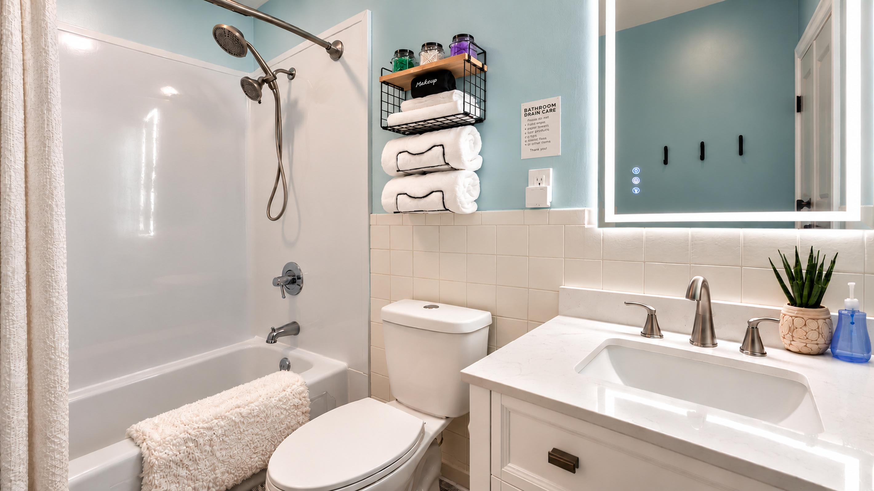 Fresh towels, thoughtful toiletries, and a shower/tub combination for a comfortable stay.