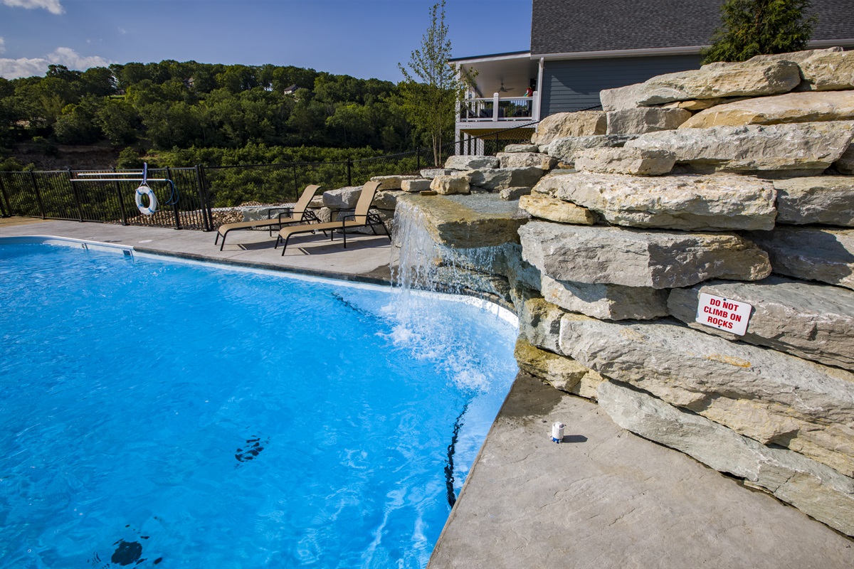 Waterfall feature at the outdoor pool