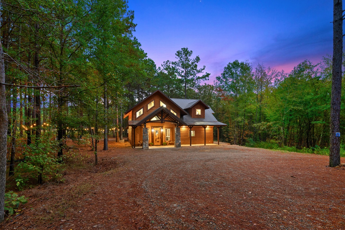 Front view of the cabin showcasing its stunning design.