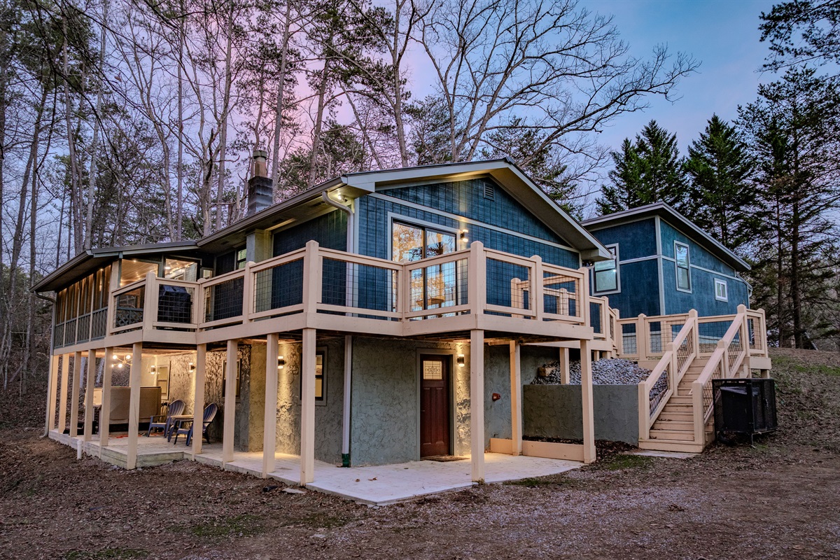 Take in the expansive views from our multi-level deck, designed for seamless indoor-outdoor living at Mid Mod Mountain Bliss.