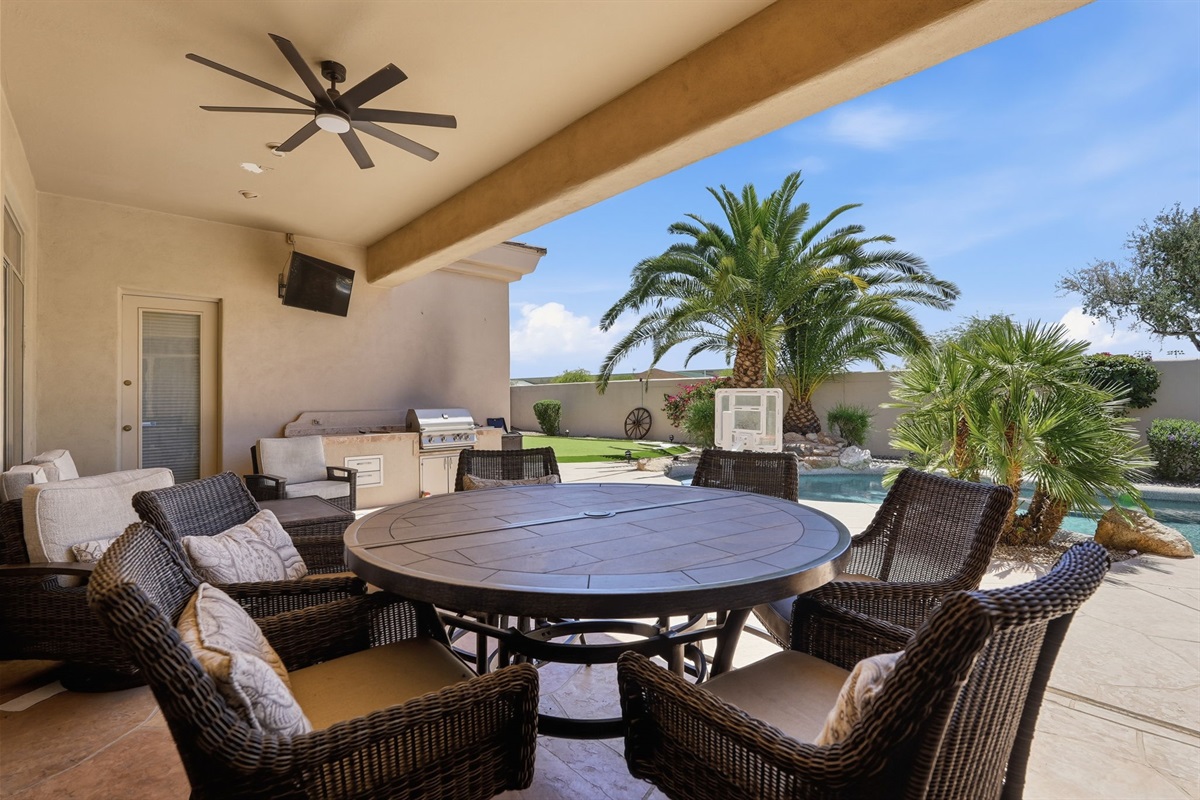 Stream a movie from the covered back patio or enjoy a meal outdoors.