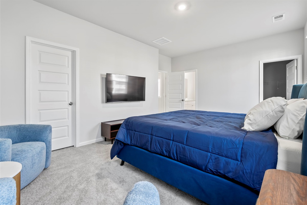 Master Bedroom with King bed, ensuite bathroom, walk in closet and Roku Smart TV