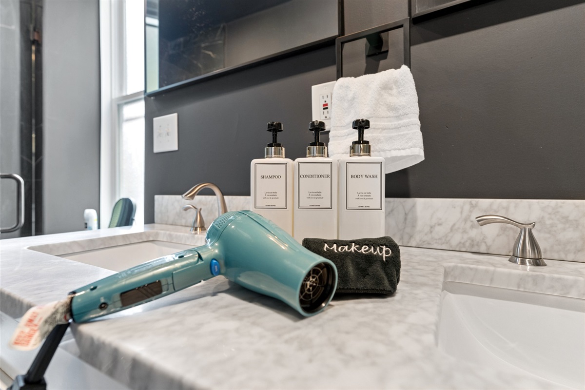 We provide hair dryers, shampoo, conditioner, body wash, and hand soap for your stay.