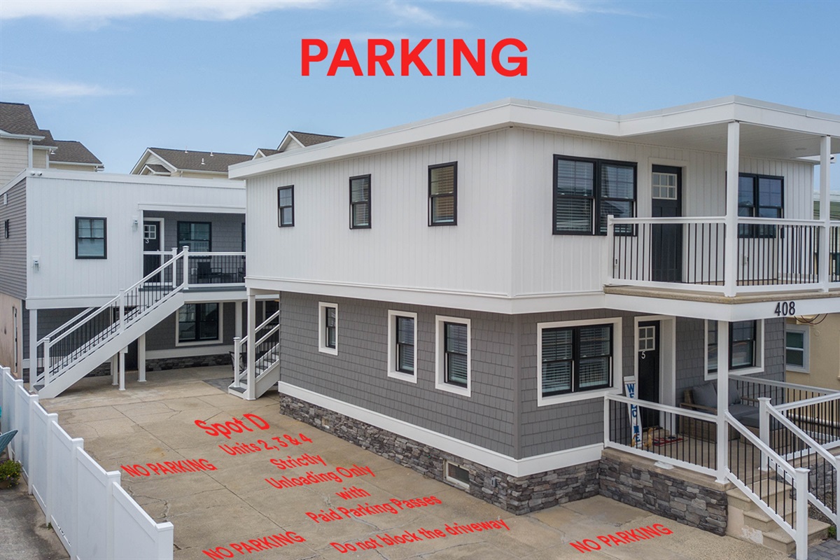Clearly marked on-site parking for each unit ensures a hassle-free arrival. Spot assignments and unloading zone are labeled for convenience, with private access just steps from your door. Please avoid blocking the driveway.
