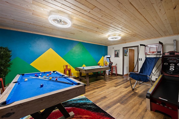 Pool Table, Air Hockey, Skee-ball, Pop-a-Shot