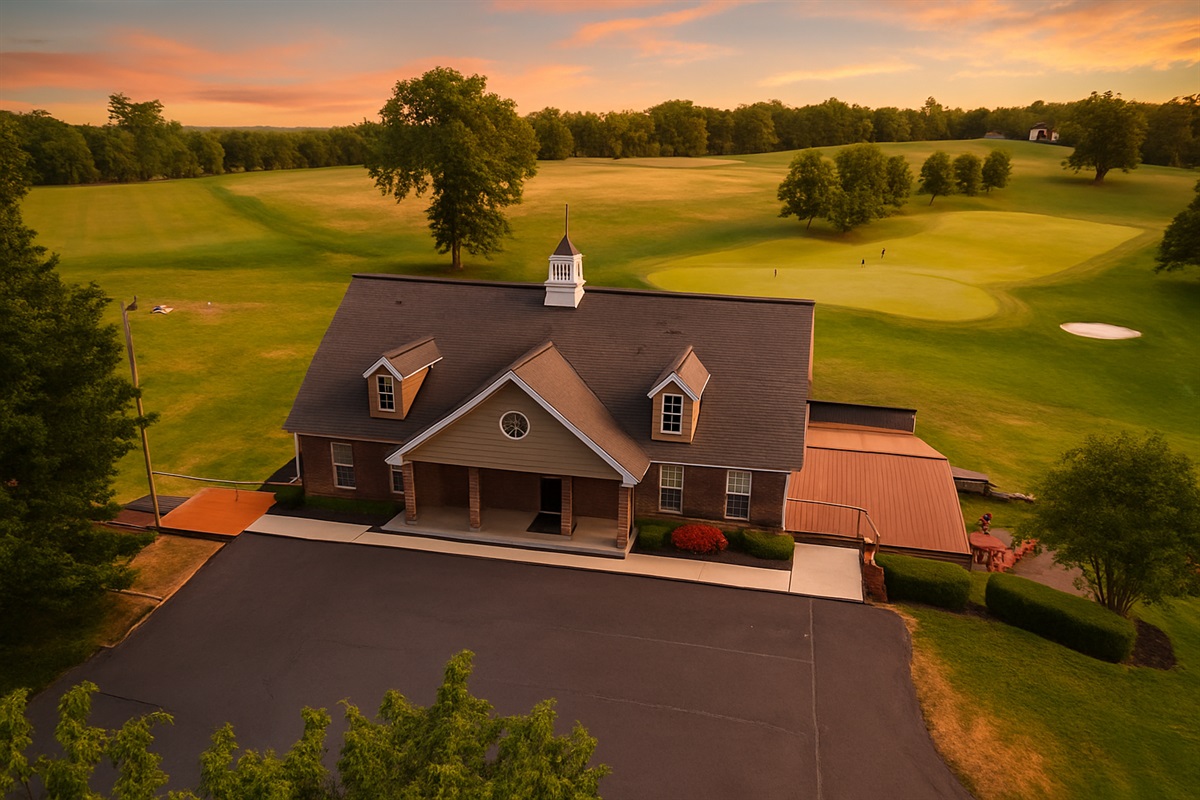 Aerial View Front w/ Golf Course and Parking