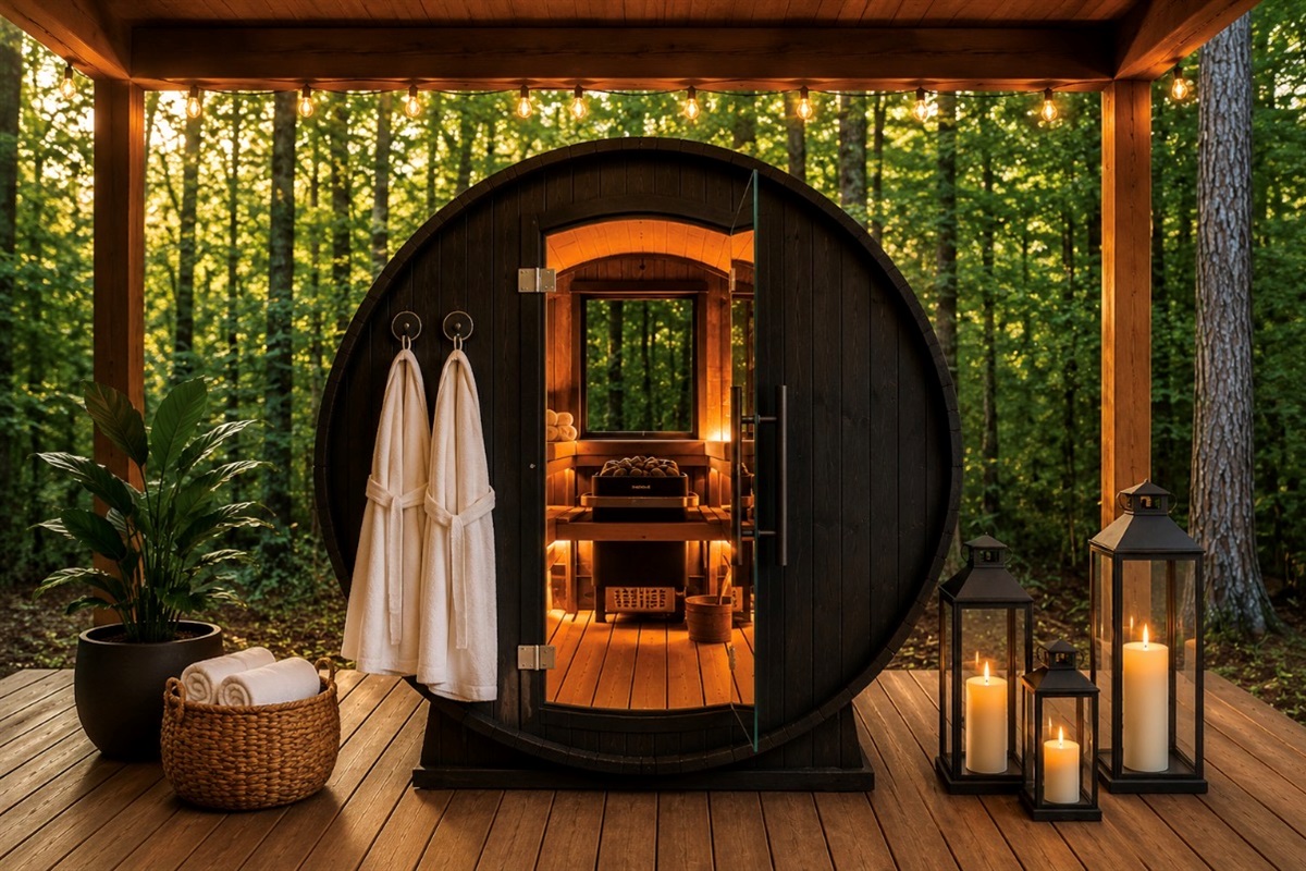 After long days at the lake, afternoons by the pool, & slow mornings filled with movement and yoga on the turf, The Reset Corner is the perfect place to unwind in the sauna beneath the pines.