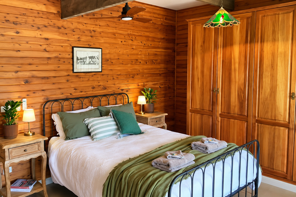 Bedroom 1 keeps the main-house layout simple, with a queen-bed room forming part of the property’s flexible 12-guest setup.
