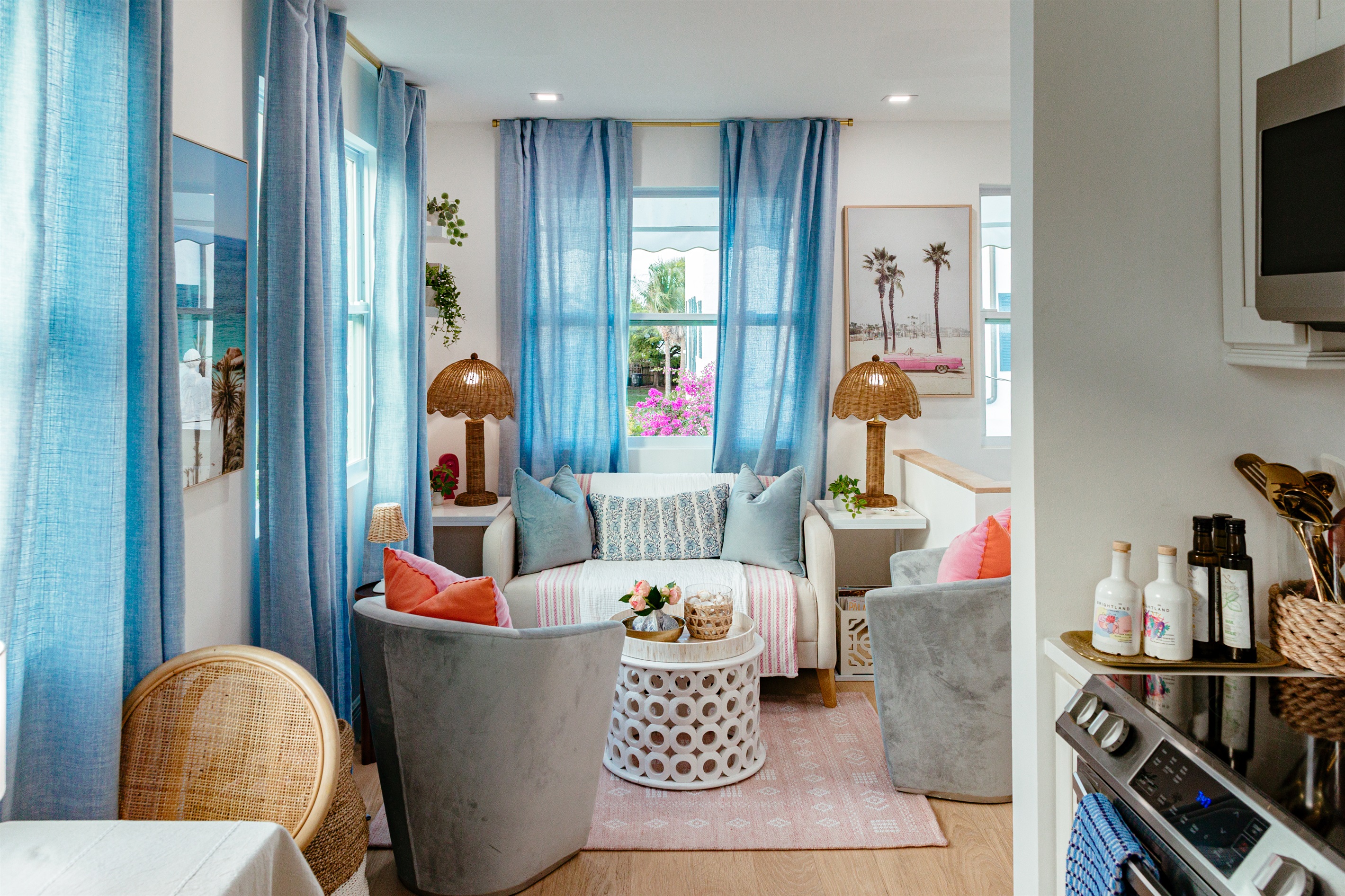 The second floor of the cottage has a cozy seating area, with the elevated setting letting in much natural light as you take in a birds-eye view of the surroundings.