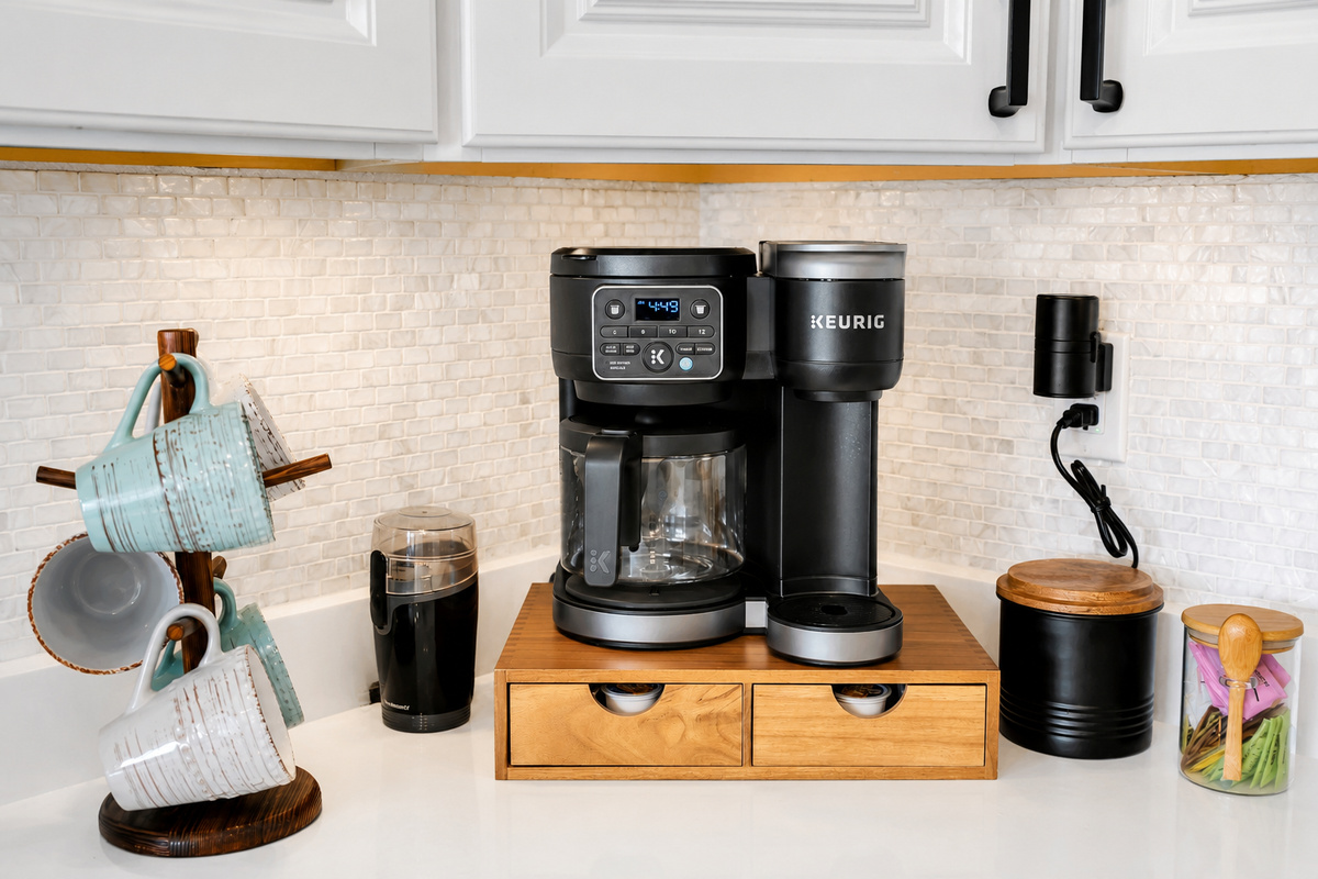 Start slow with the coffee bar already set up for you. Grind the complimentary local beans or enjoy fully stocked k-cups, fill your mug, and take it straight out to the porch.