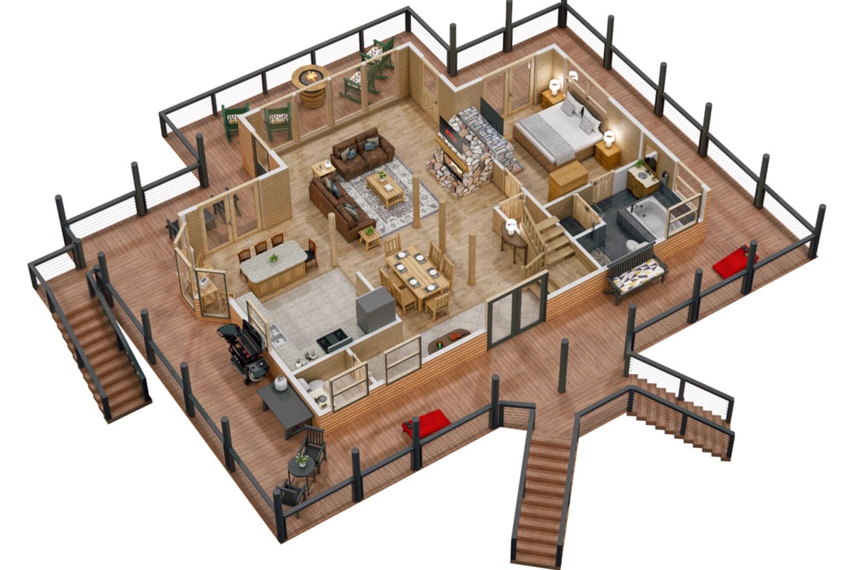 Get a bird's-eye view of our cabin's layout! This floor plan showcases the well-appointed kitchen, inviting dining area, cozy living room, and comfortable bedrooms. Your perfect vacation starts here.
