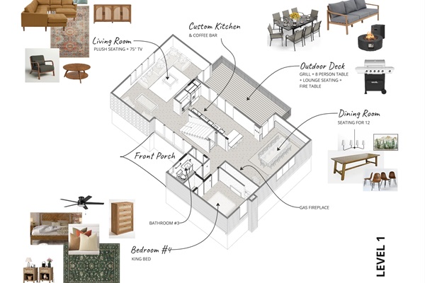 Main level floor plan shows the living, kitchen and dining spaces - all directly connected to the back deck - as well as a main level bedroom (king bed) and full bathroom (with tub/shower). 