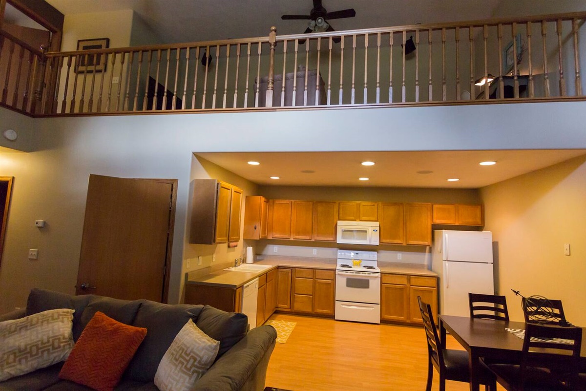 View into the kitchen and dining area.