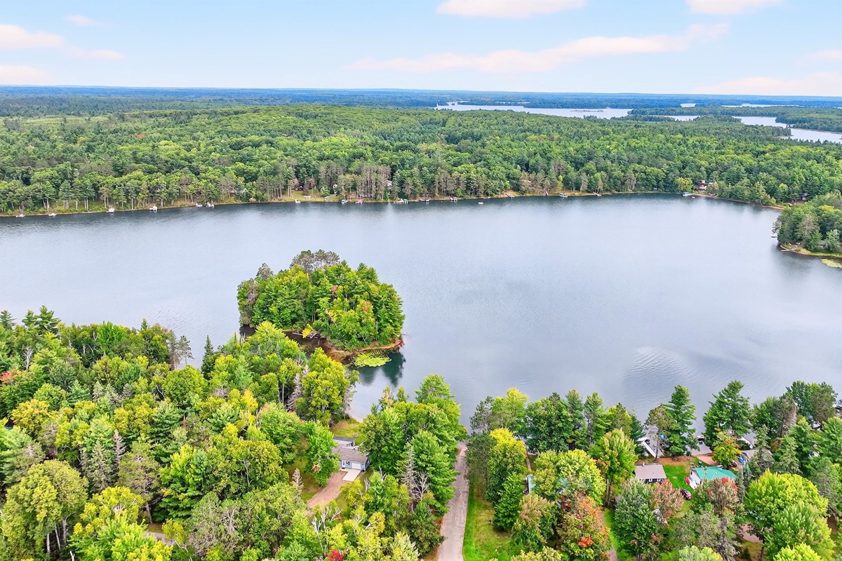 Blueberry lake is 292 acres - big enough for boating, but small enough to remain a pretty quiet lake. If you want larger water, the Chippewa Flowage (in background of this photo) is just a short drive away.