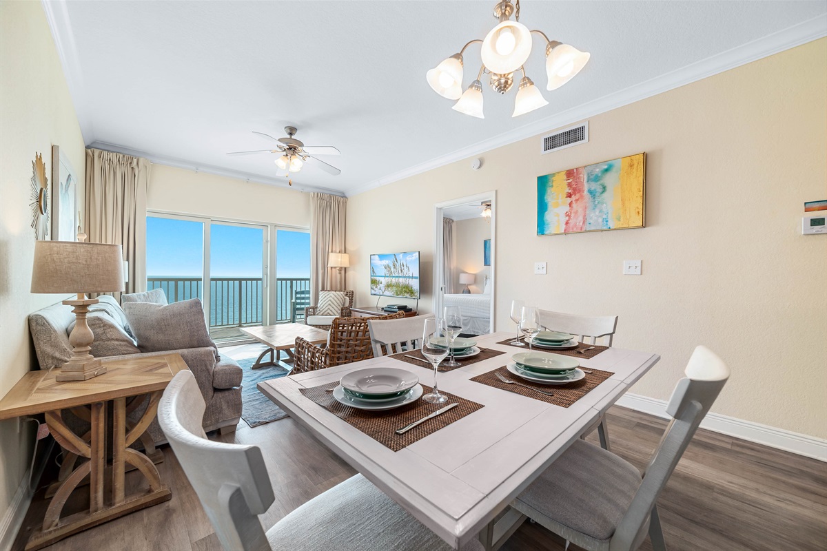 Coastal elegance meets relaxed dining in this inviting space.