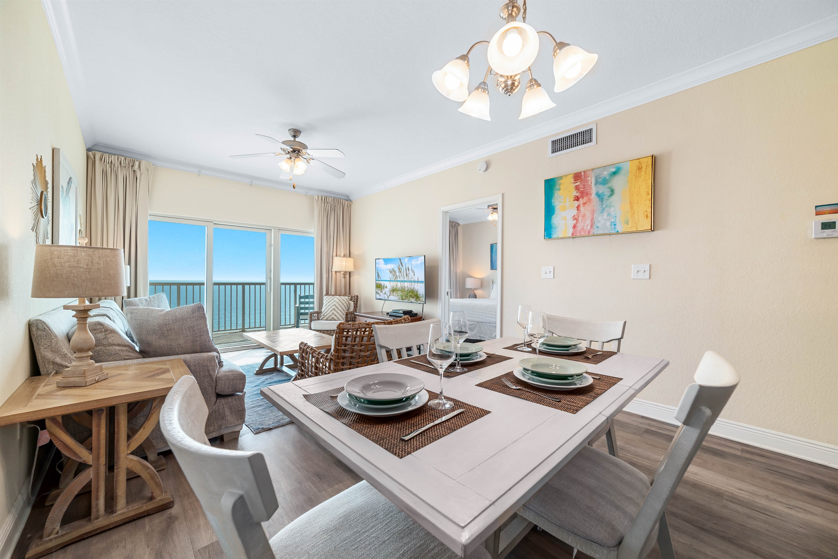 Coastal elegance meets relaxed dining in this inviting space.