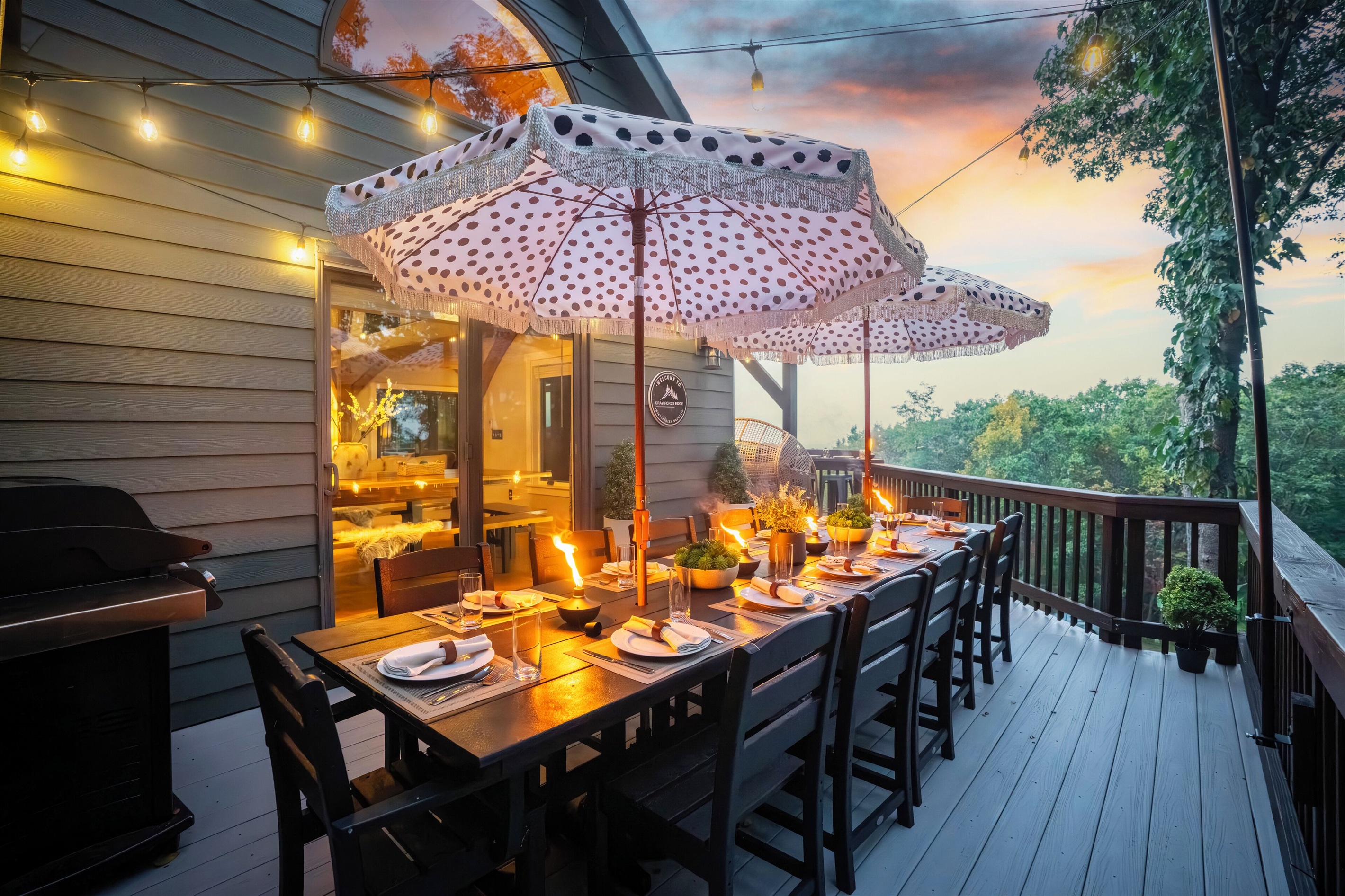 Outdoor dining for 12. Room for 6 more at railing around corner. Plus gas grill.