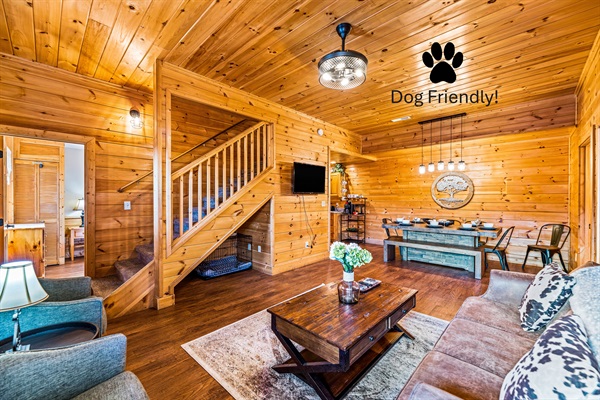 Living Room and Dining Room with a special “Foxhole” area under the stairs for your dogs to enjoy!