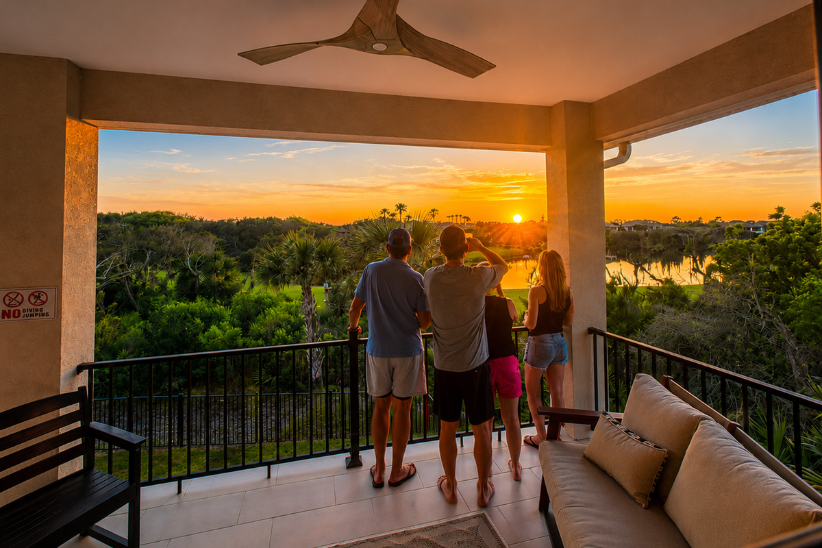 This—right here—is why you came. The whole family gathered on the balcony, golden light on your faces, the day melting softly into the horizon. Cameras out, arms around shoulders, no one wanting to move: the kind of evening you'll remember forever.