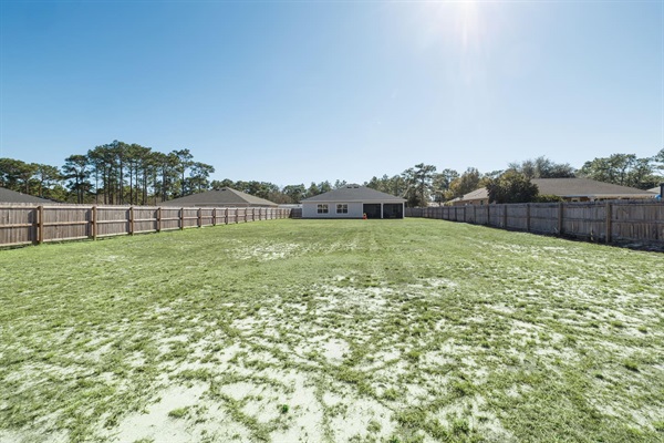 View of the backyard, from the back fence looking at the house.