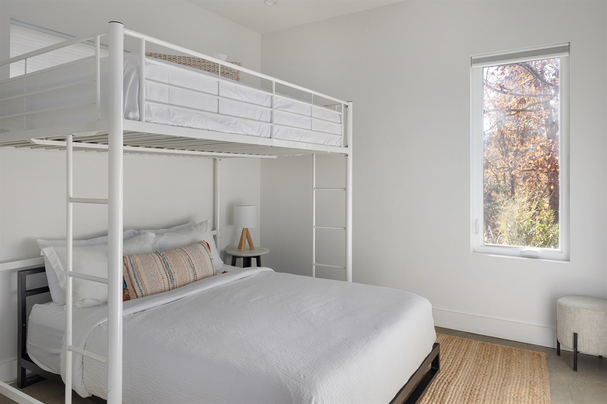 {Bunk Bedroom - Glass House} Family-friendly bunk room with a separate queen bed + twin loft + rollaway bed available —perfect for kids, couples, or extra guests