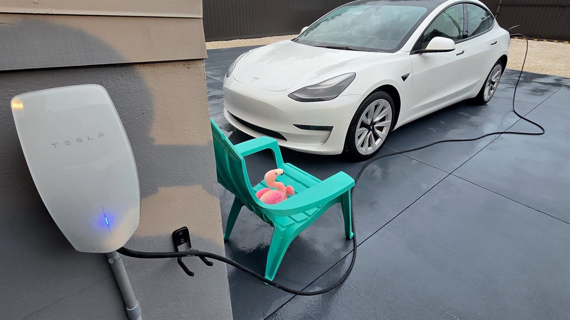 Tesla Electric Vehicle EV is charging with a NACS adapter. The charging station is in the gated backyard area and yes you are permitted to park on the concrete only while charging your EV. We have two adapters available, NACS and JJ1772.