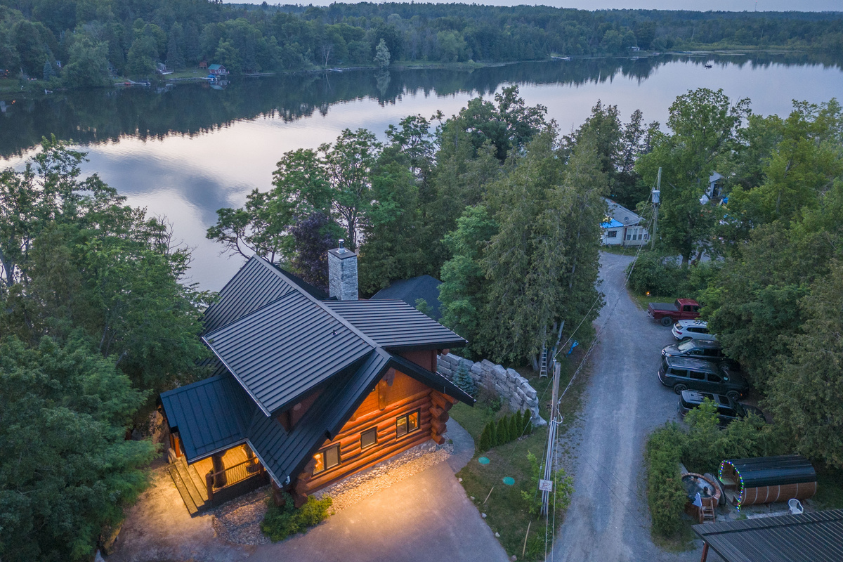 Aerial evening view of Bear Lodge near the waterfront