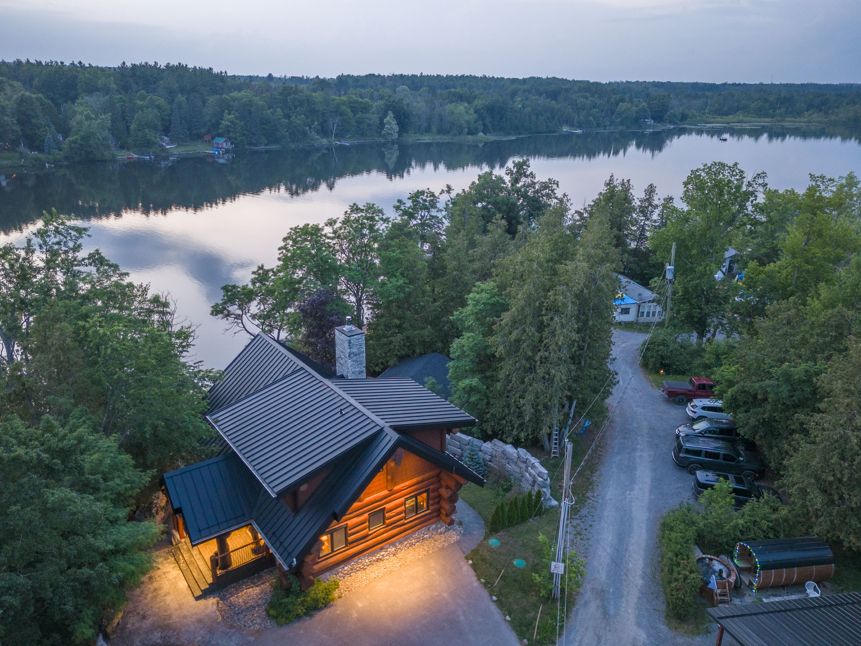 Aerial evening view of Bear Lodge near the waterfront
