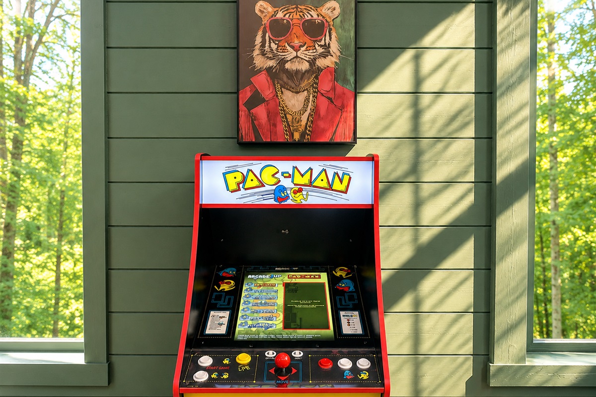 Game Room: Enjoy classic arcade fun with Pac-Man and views of nature through large windows!