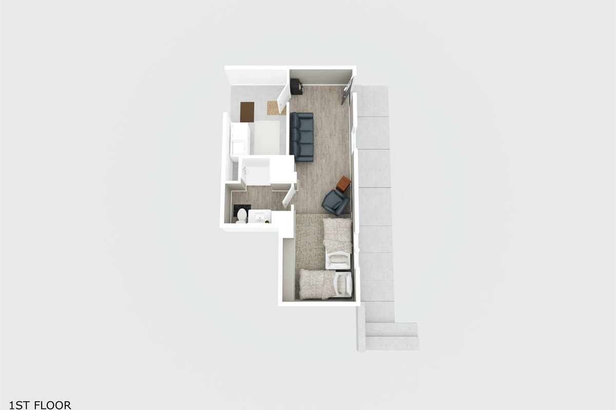 Bunk room below with bath and showing accessible laundry area.