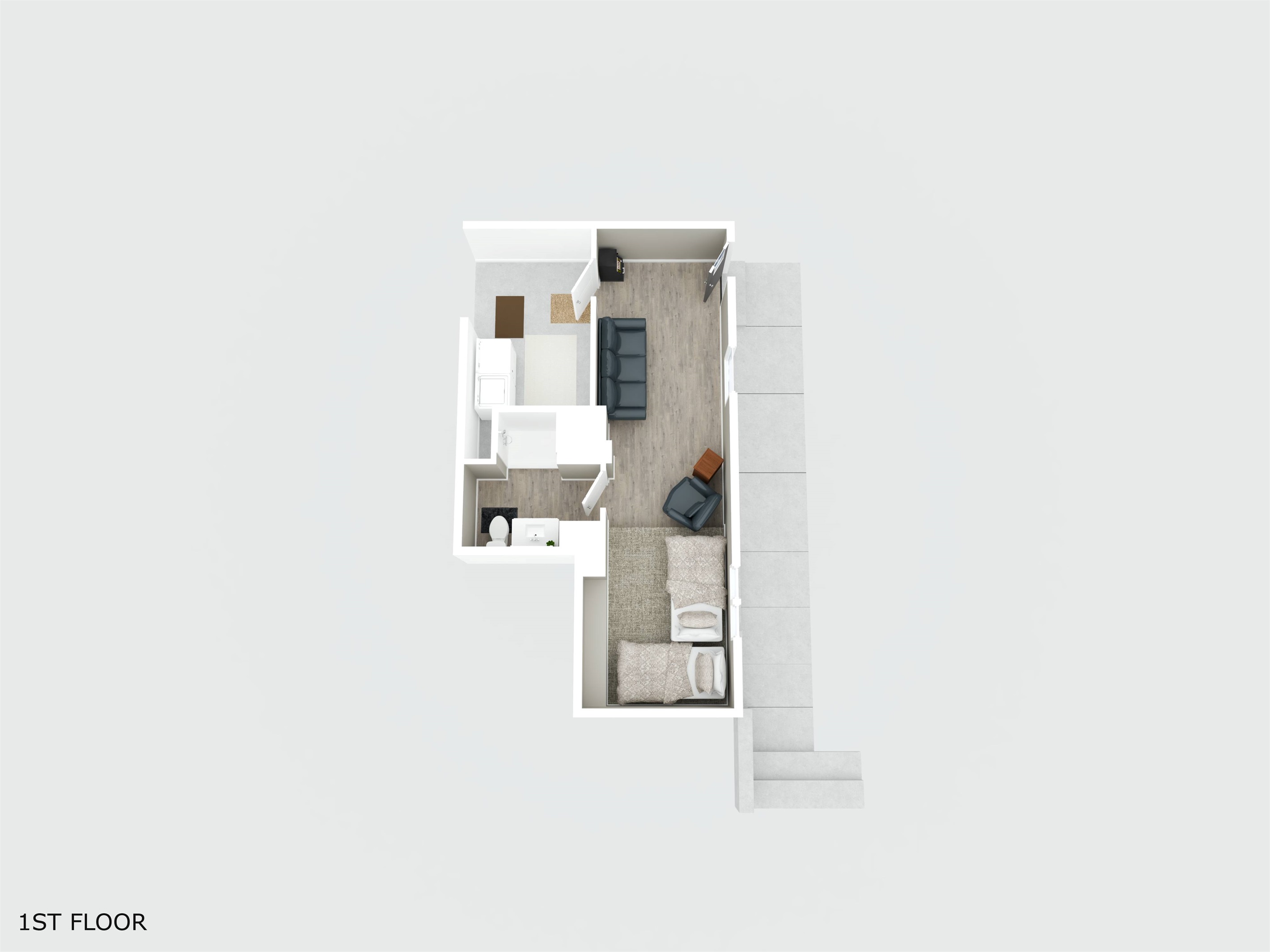 Bunk room below with bath and showing accessible laundry area.