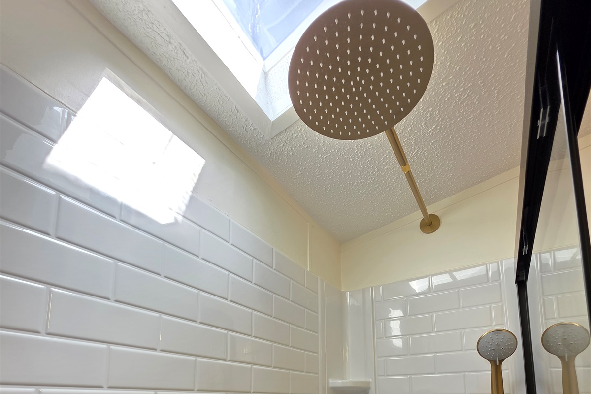 Shower with sky lights for lots of light.
