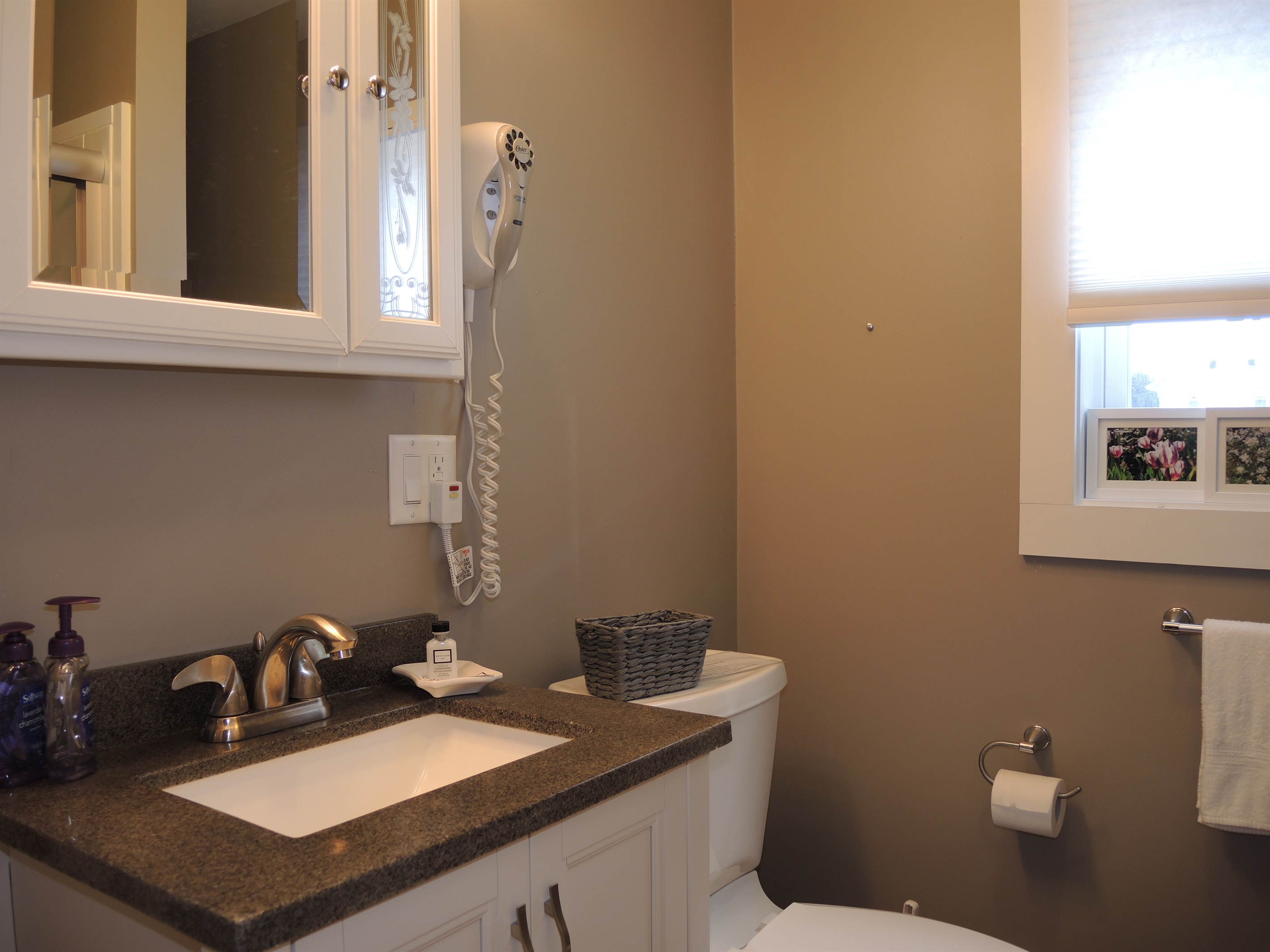 1st floor full bathroom w/ shower, note the built in hair dryers in all bathrooms.