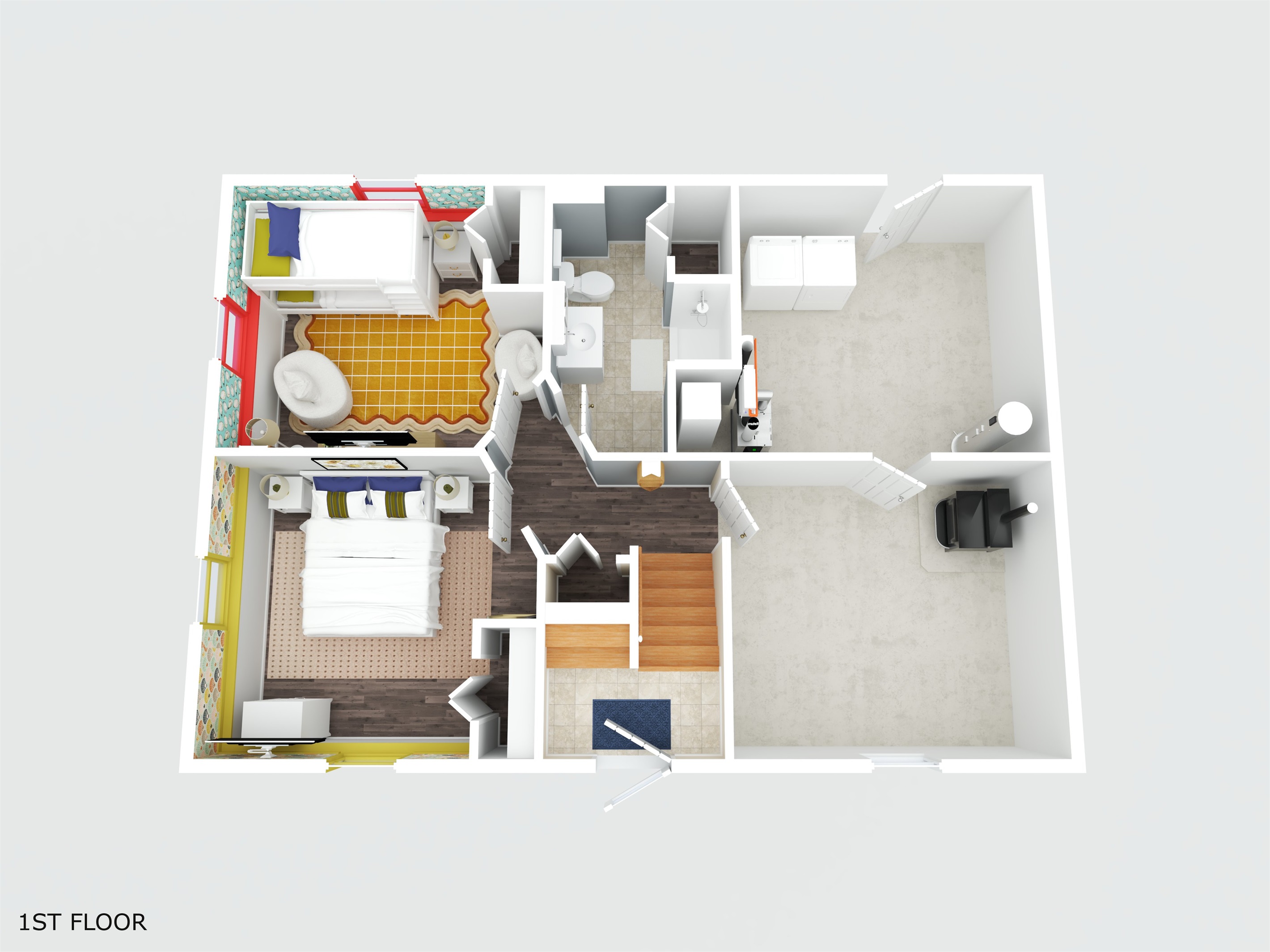 Rendered first-floor plans showing the home's layout, room arrangement, and furnished interior spaces.