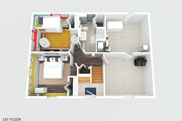 Rendered first-floor plans showing the home's layout, room arrangement, and furnished interior spaces.