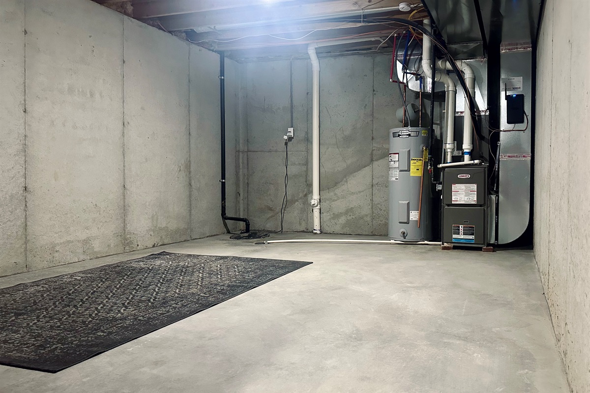 East-side basement utility area housing core home systems, thoughtfully arranged to preserve surrounding space for storage.