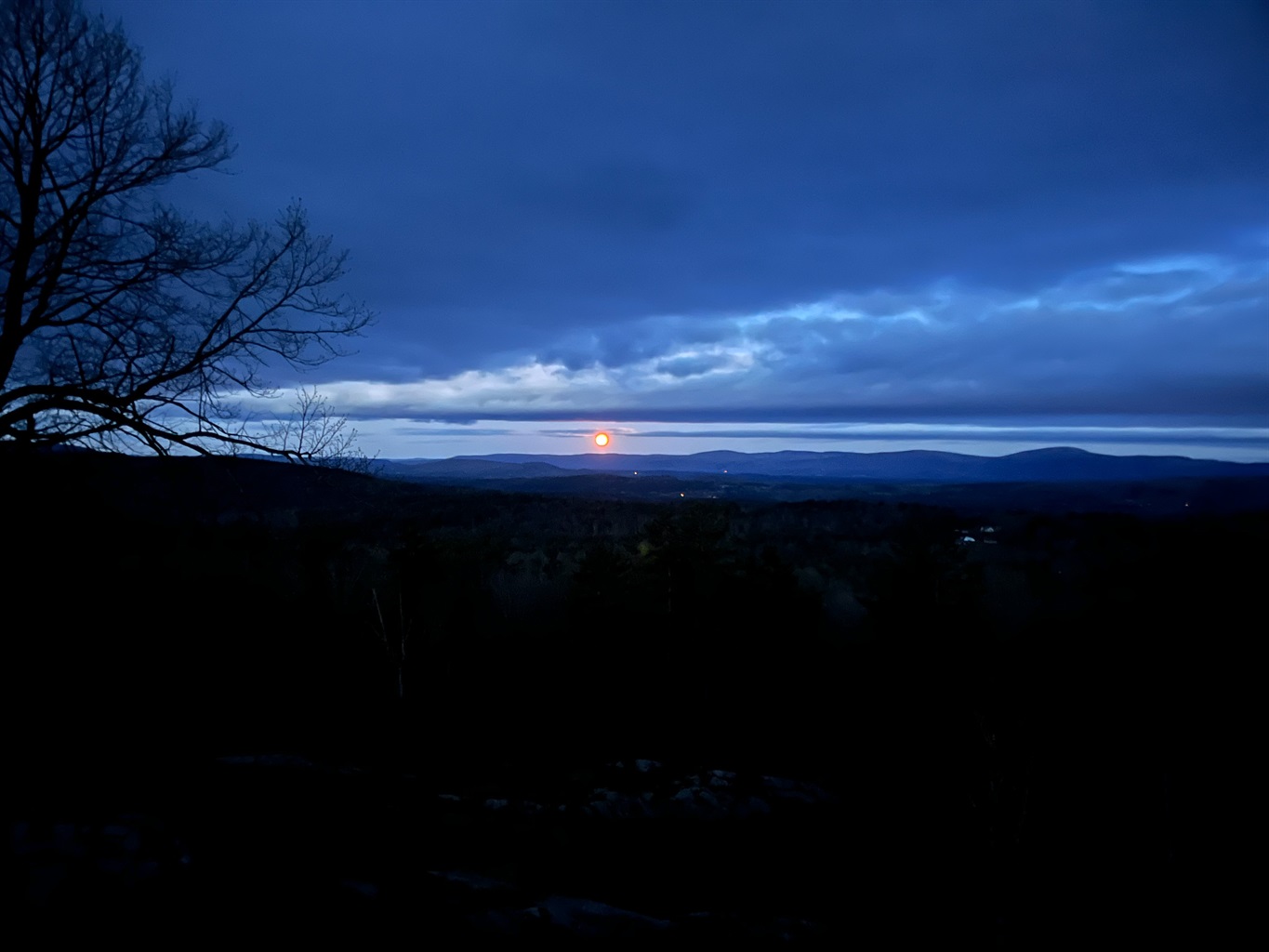 Early morning at Sunset Falls Estate &mdash; the moon setting before sunrise over the Berkshires