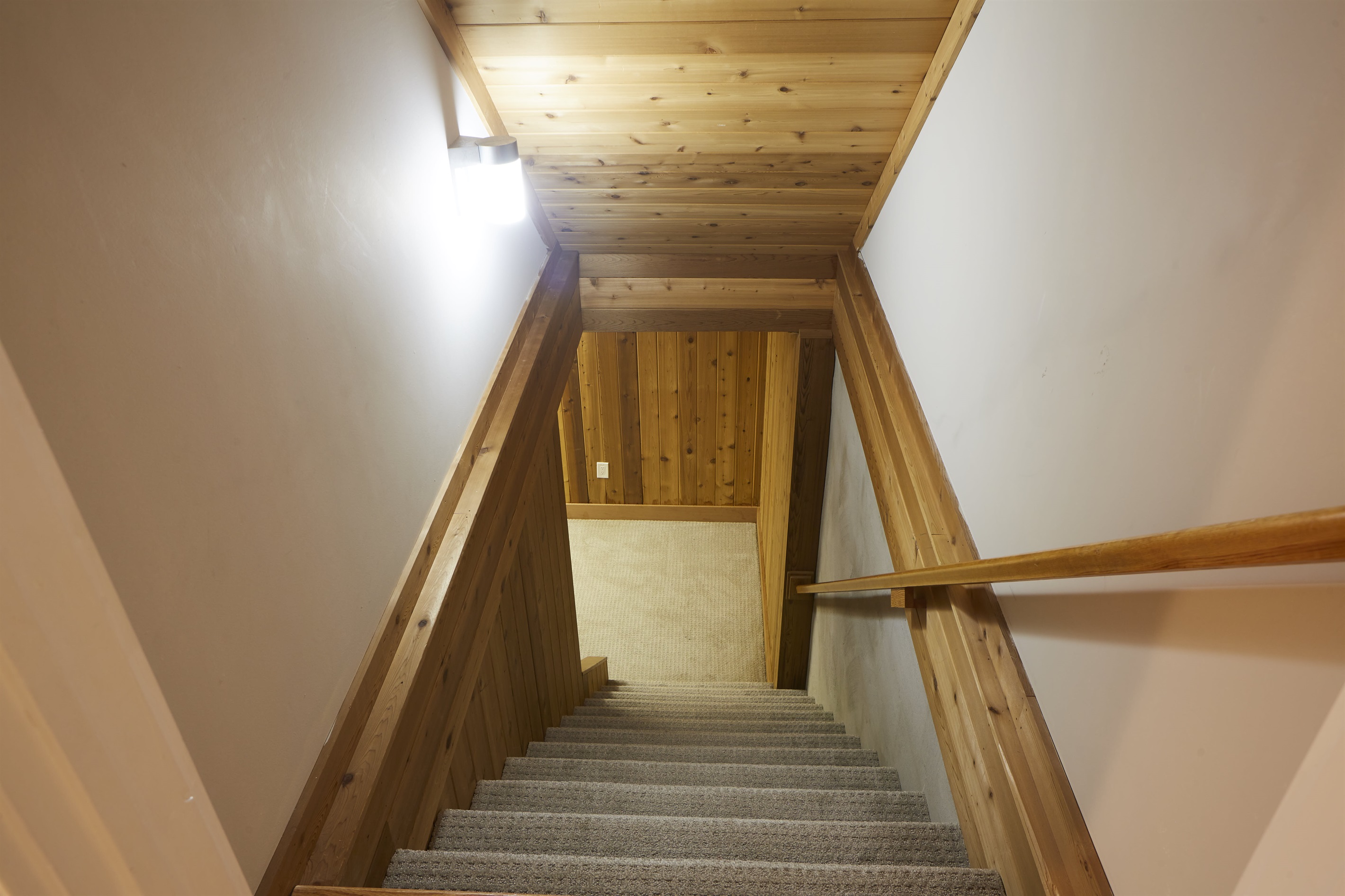 Stairs to the game room in the basement with a railing.