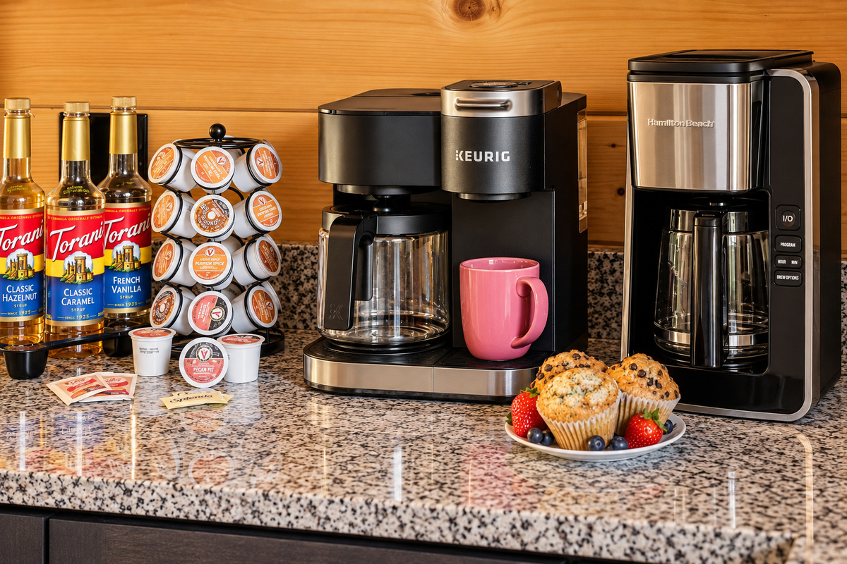 Pick a K-cup, add hazelnut syrup, and start the day at the stocked coffee bar.
