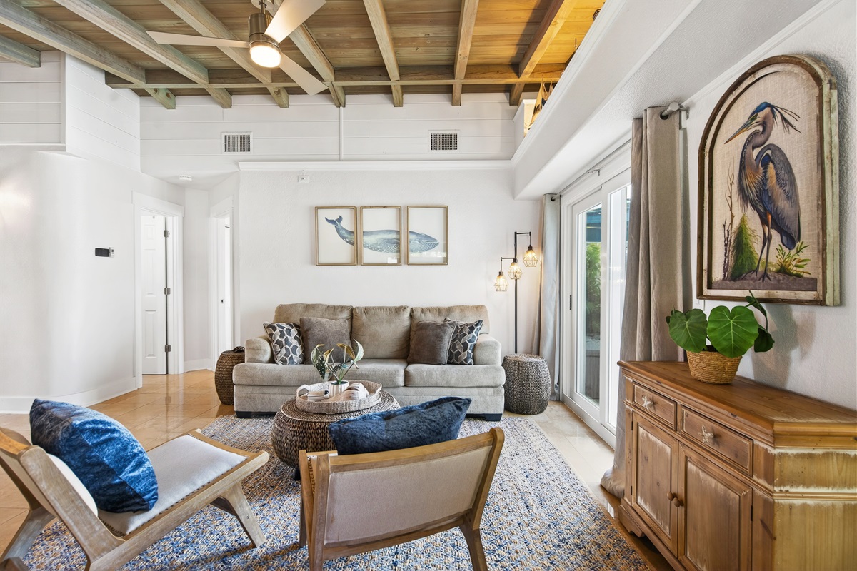 The living room offers a queen sofa bed for a larger group.