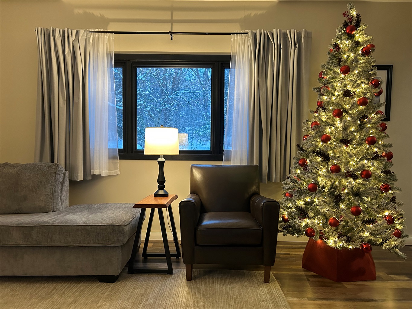 Christmas tree with view out front window of snow lined tree branches.