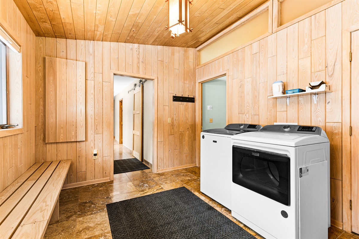 Washer and dryer for guest use with provide laundry pods and dryer sheets. The mudroom has lots of room to unload and put all your gear!