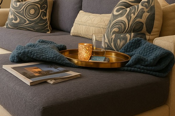 crate and barrel high end comfy couch in living room