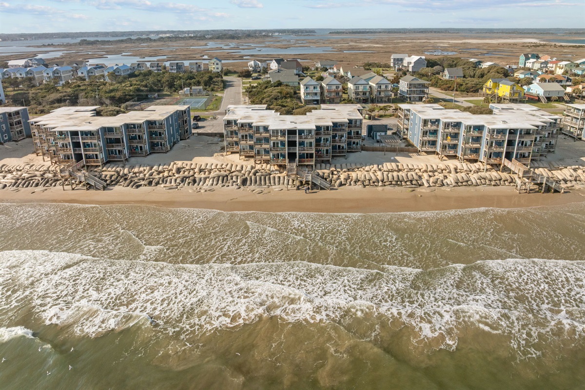 Stunning aerial view of the oceanfront complex with miles of coastline