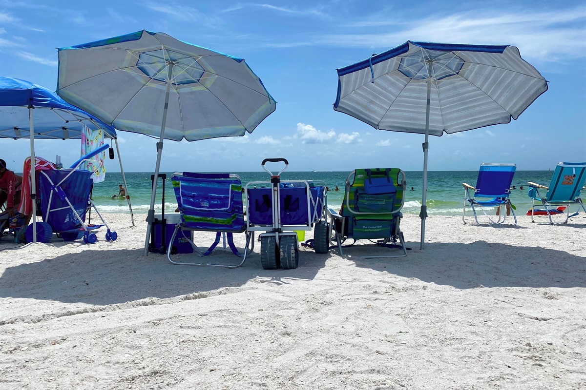 Beach items: 5 beach chairs, umbrella, wagon, beach towels & a cooler