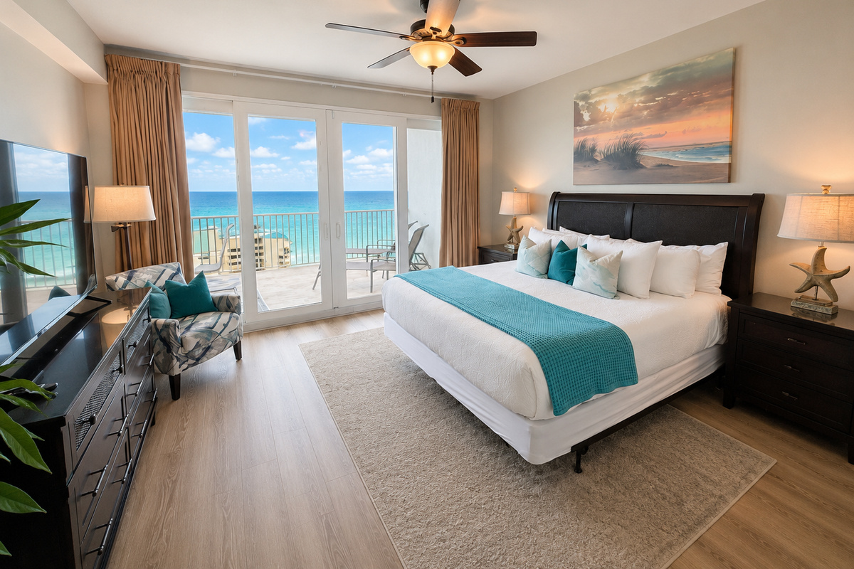 Master bedroom with balcony access and ocean views