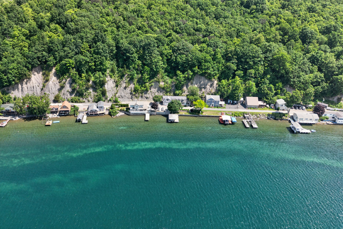 Clear water along the residential shoreline